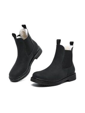 Women's Suede Chelsea Ankle Boots Waterproof Fur Lined Slip-On Chunky Heel